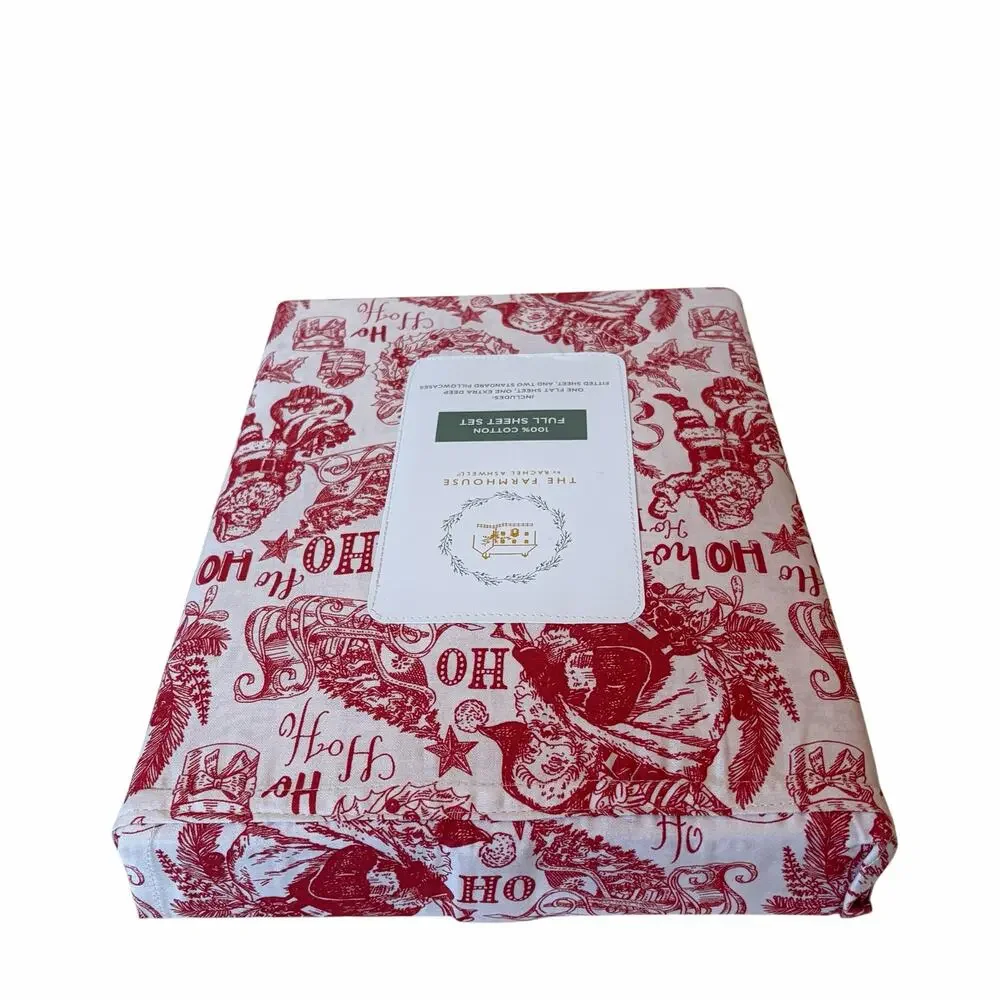 Farmhouse by Rachel Ashwell HO HO HO Santa FULL 4pc Sheet Set Cotton NEW